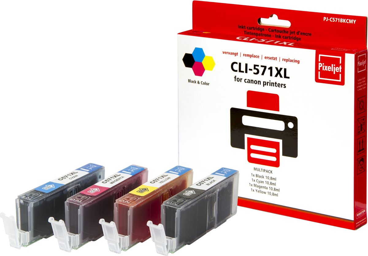 Canon CLI-571 XL (4-pack) inktcartridge |Zwart|Cyaan|Magenta|Geel| - Pixeljet